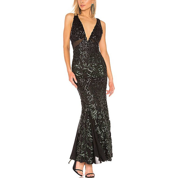 NBD Dresses & Skirts - NBD Troye Black Emerald Sequin Mesh Sleeveless Gown M NEW V-Neckline Green Maxi